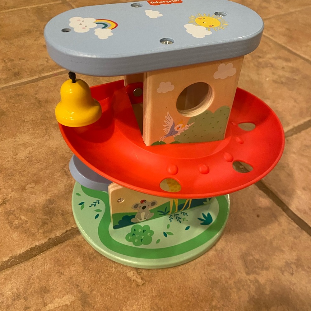 Fisher-Price Wooden Bell Drop Toy - Blue Top, Red Ramp, Green Base